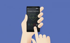 Hand Holding Smartphone With Conceptual Fitness Tracker Mobile Application Interface. Material Design Vector Illustration